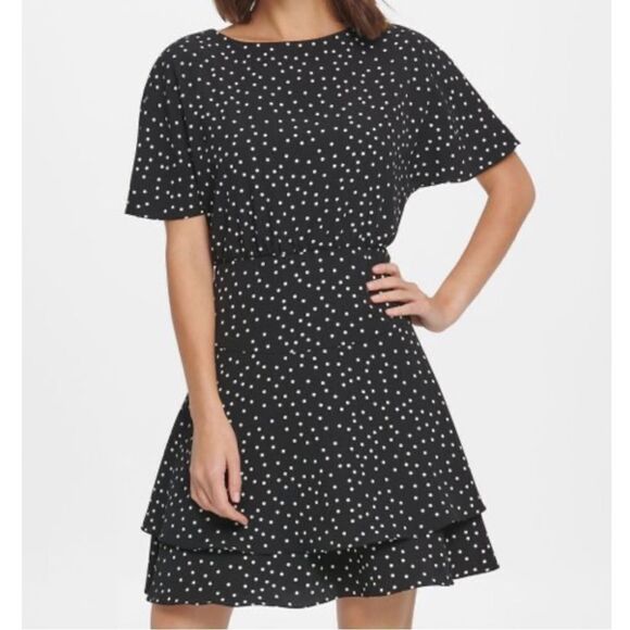 DKNY Black & Cream Polka Dot Ruffle-Hem A-Line Dress, Size 4 - Picture 1 of 7